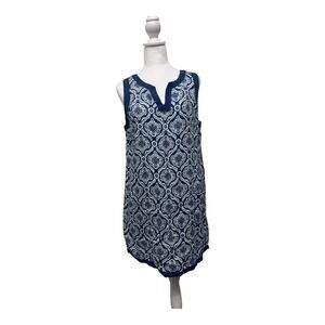 Sigrid Olsen Dress Womens Medium Blue White Sleeveless Linen Tunic Boho Summer